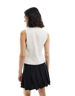 Bershka Round Neck Waistcoat In Ecru For Women -Chic Maze Sales 208155051 2