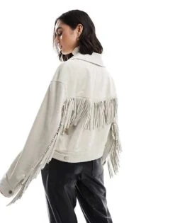 Bershka Faux Suede Fringe Detail Jacket In Ecru For Women -Chic Maze Sales 208155058 3