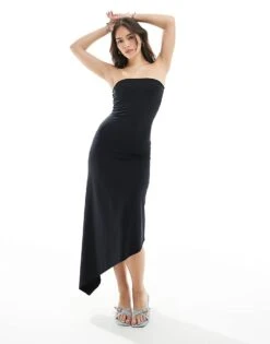 Bershka Asymetric Shaping Bandeau Maxi Dress In Black For Women
