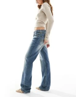 Bershka Mid Rise Straight Leg Jeans In Dirty Wash Blue For Women -Chic Maze Sales 208155094 3
