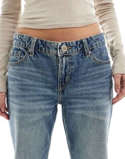 Bershka Mid Rise Straight Leg Jeans In Dirty Wash Blue For Women -Chic Maze Sales 208155094 5