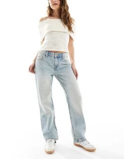 Bershka Mid Rise Straight Leg Jeans In Bleach Wash For Women Blue -Chic Maze Sales 208155150 1 blue 1