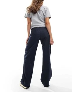 Bershka Wide Leg Tailored Trousers In Navy Pinstripe For Women -Chic Maze Sales 208155156 2