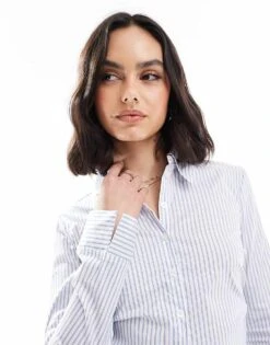 Bershka Fitted Shirt In Blue Stripe For Women -Chic Maze Sales 208155202 3
