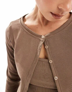 Bershka Micro Cardi And Cami Set In Brown For Women -Chic Maze Sales 208155220 3