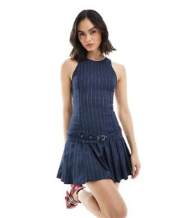 Bershka Halterneck Tailored Mini Dress In Navy Stripe For Women
