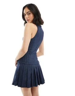 Bershka Halterneck Tailored Mini Dress In Navy Stripe For Women -Chic Maze Sales 208155289 4