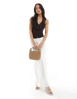 Bershka Frill Detail Halterneck Bodysuit In Brown For Women -Chic Maze Sales 208216781 3