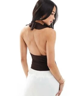 Bershka Frill Detail Halterneck Bodysuit In Brown For Women -Chic Maze Sales 208216781 4