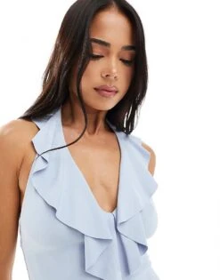 Bershka Frill Detail Halterneck Bodysuit In Pale Blue For Women -Chic Maze Sales 208216782 2