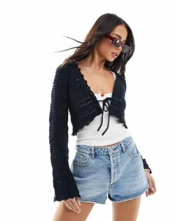 Bershka Crochet Tie Front Top In Navy For Women -Chic Maze Sales 208216802 1 navy 1
