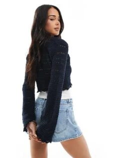 Bershka Crochet Tie Front Top In Navy For Women -Chic Maze Sales 208216802 3