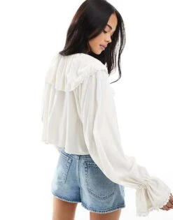 Bershka Cuffed Sleeve Frill Detail Top In Ecru For Women -Chic Maze Sales 208216803 4