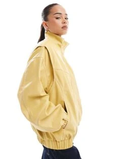 Bershka Faux Leather Harrington Jacket In Butter For Women Yellow