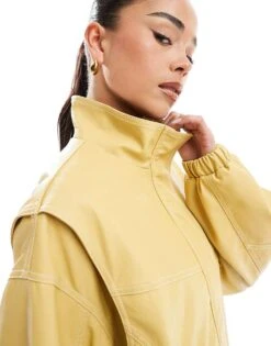 Bershka Faux Leather Harrington Jacket In Butter For Women Yellow -Chic Maze Sales 208220200 4