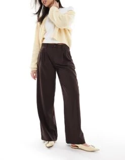 Bershka Wide Leg Tailored Trousers In Brown For Women -Chic Maze Sales 208222995 1 brown 1