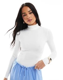 Bershka High Neck Long Sleeve Bodysuit In Ecru For Women -Chic Maze Sales 208223158 2