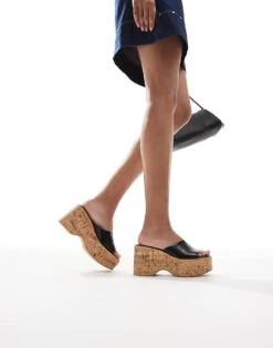 Bershka Cork Flatform Sandals In Black & Natural For Women