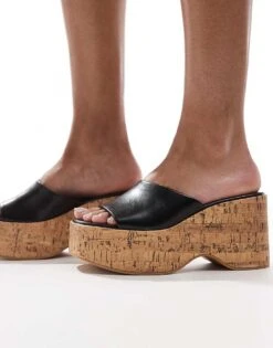 Bershka Cork Flatform Sandals In Black & Natural For Women -Chic Maze Sales 208245401 3