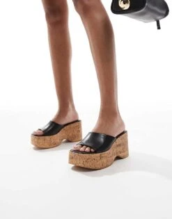 Bershka Cork Flatform Sandals In Black & Natural For Women -Chic Maze Sales 208245401 4