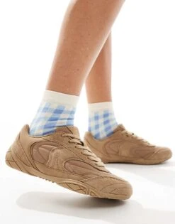 Bershka Faux Suede Trainers In Sand For Women