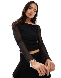 Bershka Mesh Asymetric Top In Black For Women -Chic Maze Sales 208251209 1 black 1