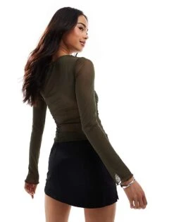 Bershka Mesh Asymetric Top In Khaki For Women -Chic Maze Sales 208251216 3