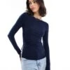 Bershka Ruched Side Long Sleeve T-shirt In Navy For Women Grey -Chic Maze Sales 208251241 1 grey