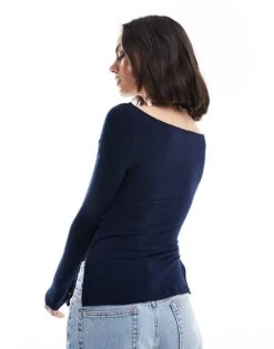 Bershka Ruched Side Long Sleeve T-shirt In Navy For Women Grey -Chic Maze Sales 208251241 2