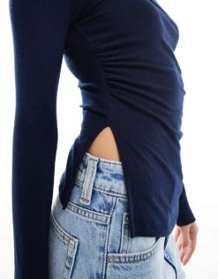 Bershka Ruched Side Long Sleeve T-shirt In Navy For Women Grey -Chic Maze Sales 208251241 3