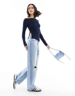 Bershka Ruched Side Long Sleeve T-shirt In Navy For Women Grey -Chic Maze Sales 208251241 4