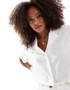 Bershka Linen Look Short Sleeve Boxy Shirt In White For Women -Chic Maze Sales 208281166 3