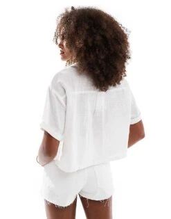 Bershka Linen Look Short Sleeve Boxy Shirt In White For Women -Chic Maze Sales 208281166 4