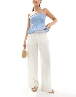 Bershka Crinkle Wide Leg Trousers In Ecru For Women -Chic Maze Sales 208281167 1 ecru 1