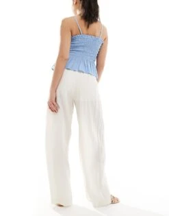 Bershka Crinkle Wide Leg Trousers In Ecru For Women -Chic Maze Sales 208281167 2