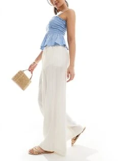 Bershka Crinkle Wide Leg Trousers In Ecru For Women -Chic Maze Sales 208281167 3