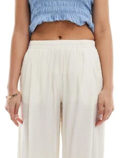 Bershka Crinkle Wide Leg Trousers In Ecru For Women -Chic Maze Sales 208281167 4