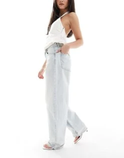 Bershka Wide Balloon Leg Jeans In Super Light Wash For Women Light Blue -Chic Maze Sales 208281199 3