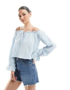 Bershka Crinkle Bardot Top In Light Blue For Women -Chic Maze Sales 208281214 1 blue 1