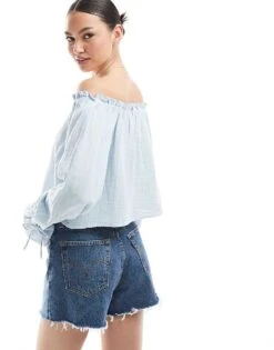 Bershka Crinkle Bardot Top In Light Blue For Women -Chic Maze Sales 208281214 3