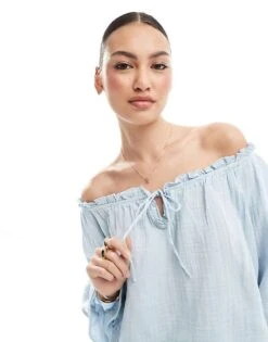 Bershka Crinkle Bardot Top In Light Blue For Women -Chic Maze Sales 208281214 4