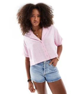 Bershka Linen Look Short Sleeve Boxy Shirt In Pink For Women -Chic Maze Sales 208281222 1 pink 1