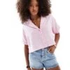 Bershka Linen Look Short Sleeve Boxy Shirt In Pink For Women -Chic Maze Sales 208281222 1 pink