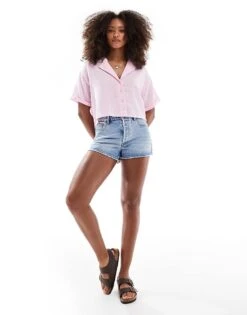 Bershka Linen Look Short Sleeve Boxy Shirt In Pink For Women -Chic Maze Sales 208281222 2