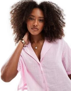 Bershka Linen Look Short Sleeve Boxy Shirt In Pink For Women -Chic Maze Sales 208281222 3
