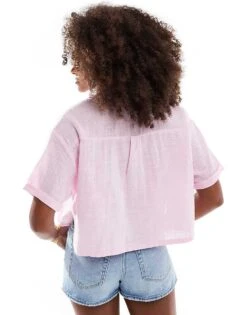 Bershka Linen Look Short Sleeve Boxy Shirt In Pink For Women -Chic Maze Sales 208281222 4