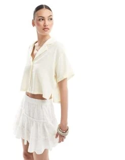 Bershka Linen Look Short Sleeve Boxy Shirt In Butter For Women -Chic Maze Sales 208281247 1 butter 1