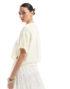 Bershka Linen Look Short Sleeve Boxy Shirt In Butter For Women -Chic Maze Sales 208281247 3