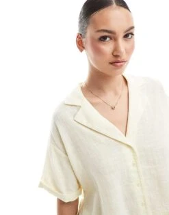 Bershka Linen Look Short Sleeve Boxy Shirt In Butter For Women -Chic Maze Sales 208281247 4
