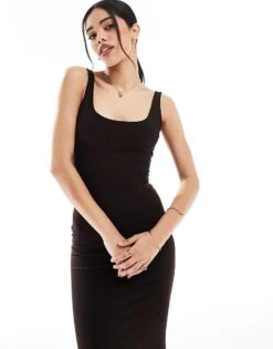 Bershka Square Neck Midaxi Dress In Brown For Women -Chic Maze Sales 208289512 3